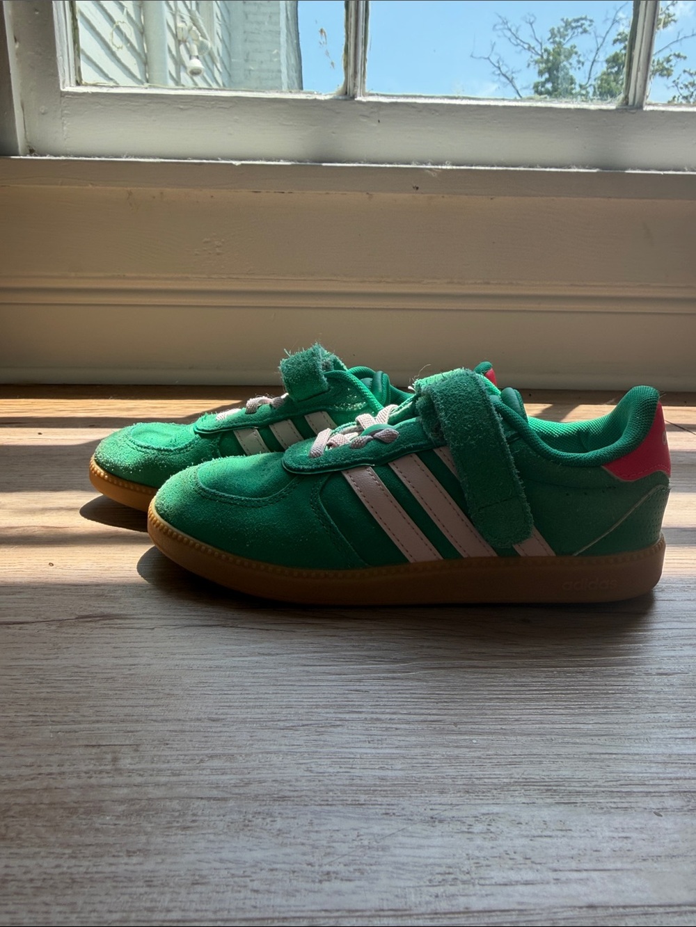 adidas Kids Green Suede Sneakers with White Stripes and Pink Heel Tab